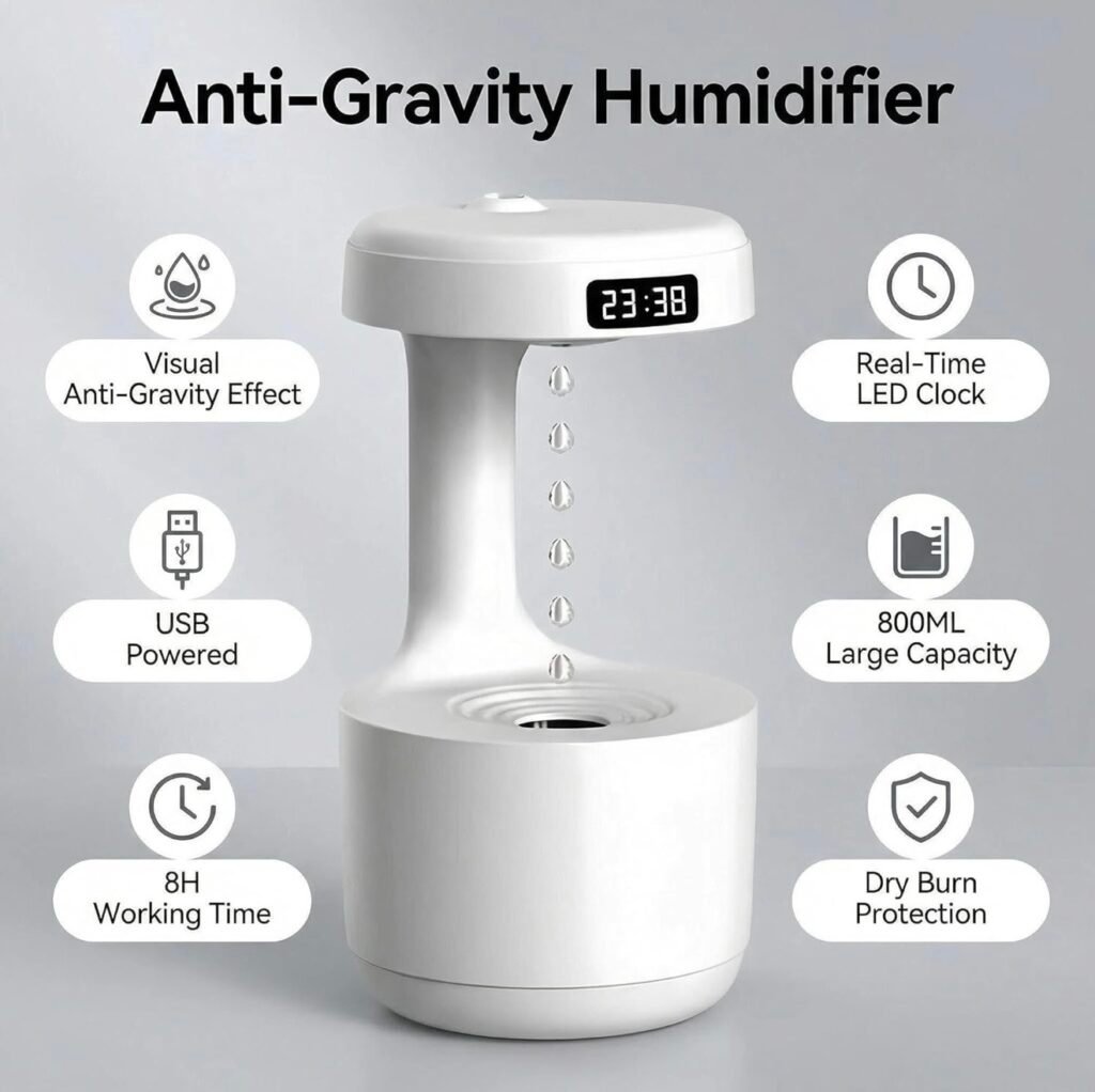 Anti-Gravity Water Drop Humidifier with Clock