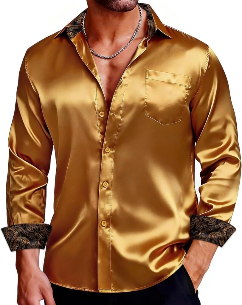 Men’s Satin Dress Shirt – Luxury Shiny Button Down Long Sleeve bro
