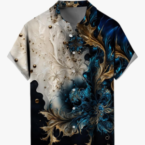 MIGFAXU Men's Hawaiian Tropical Shirt – Golden Blue Flowers Short Sleeve Button Down